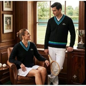 Lacoste Cable Knit Sweater V-Neck Tennis Pullover L Wool Blend Striped Unisex